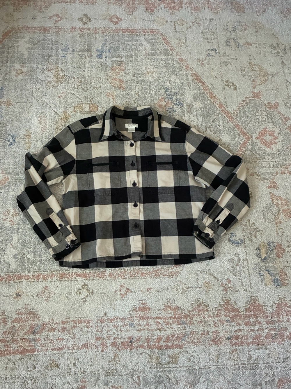 Cabincore Christopher & Banks Black Cream Plaid Crop Top-Size L